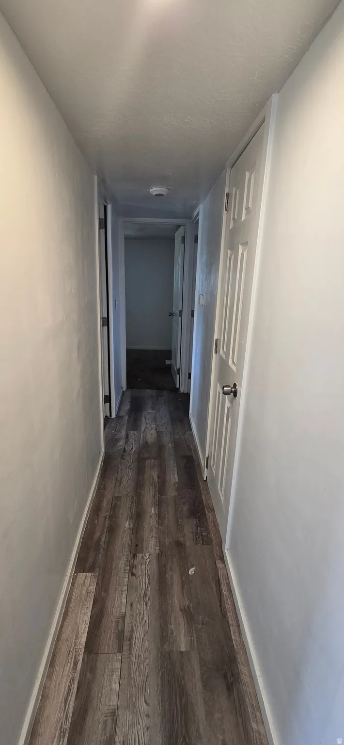 Hallway featuring wood-finish flooring, white painted walls, and multiple paneled doors with silver-tone hardware