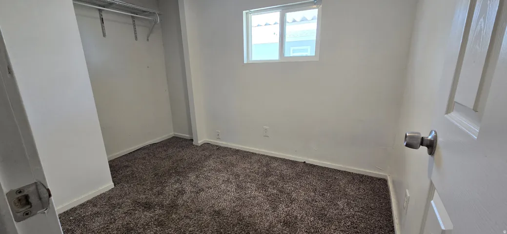 Carpeted room featuring white walls, a single window, and a closet with a built-in shelf and hanging rod