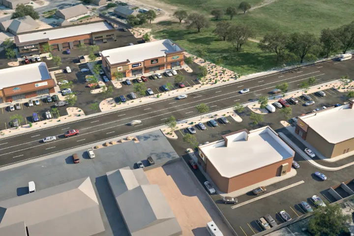 Artistic Rendering - Commercial complex featuring multiple retail buildings with ample surface parking