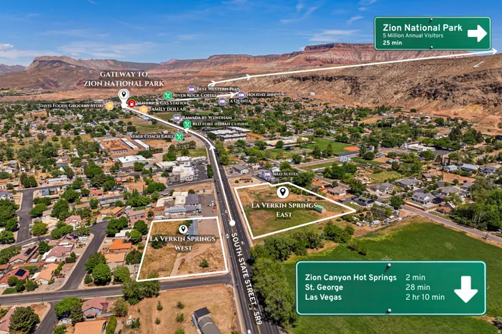 Aerial overview showcasing two distinct land parcels, "La Verkin Springs West" and "La Verkin Springs East," positioned alongside South State Street/SR9