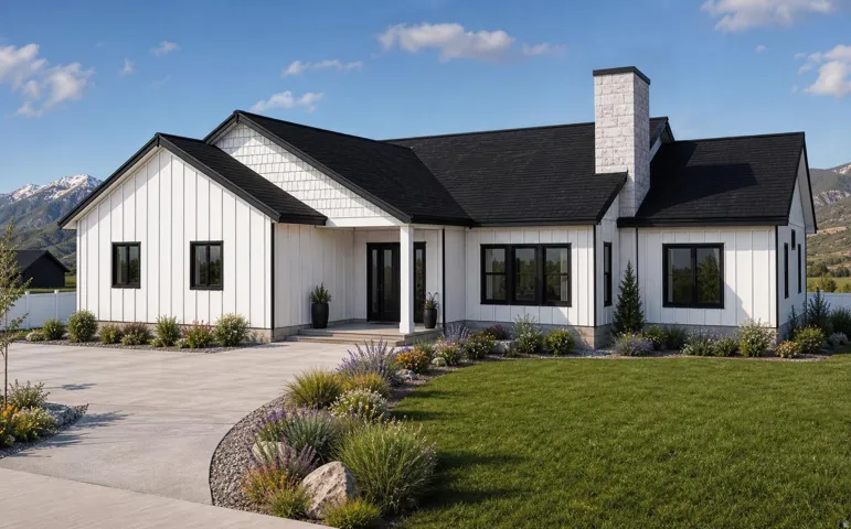 Modern farmhouse exterior featuring board and batten siding, black-framed windows, a black shingle roof, a stone chimney, and a concrete driveway