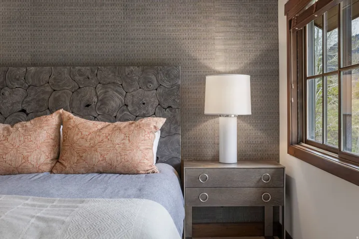 Wood-finish headboard with circular accents