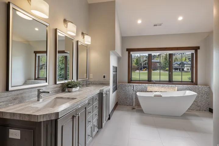 Double vanity with undermount sinks and extensive countertop space