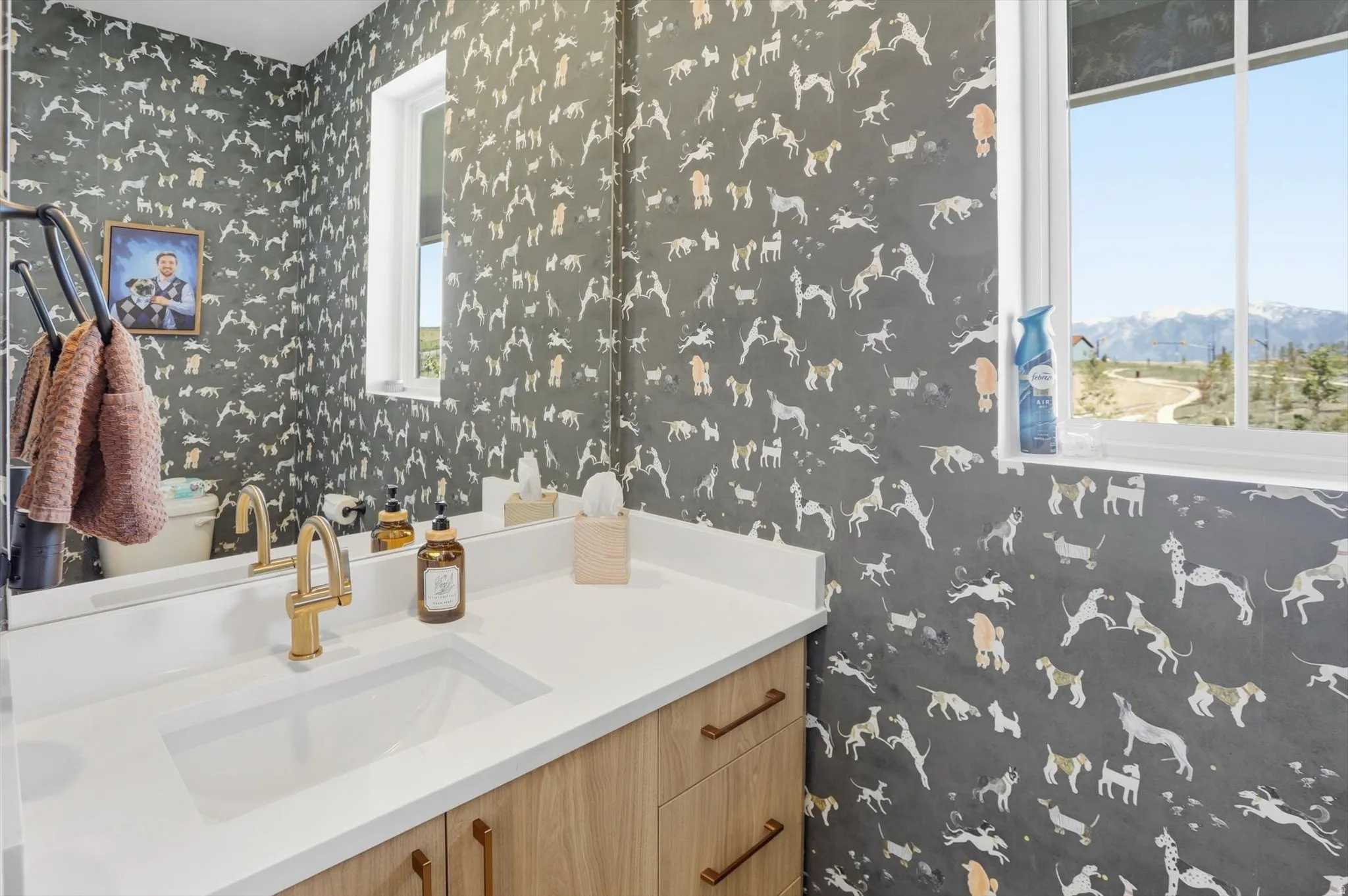 Powder room featuring a single-basin vanity with a white countertop, gold-finish faucet, and wood-finish cabinetry