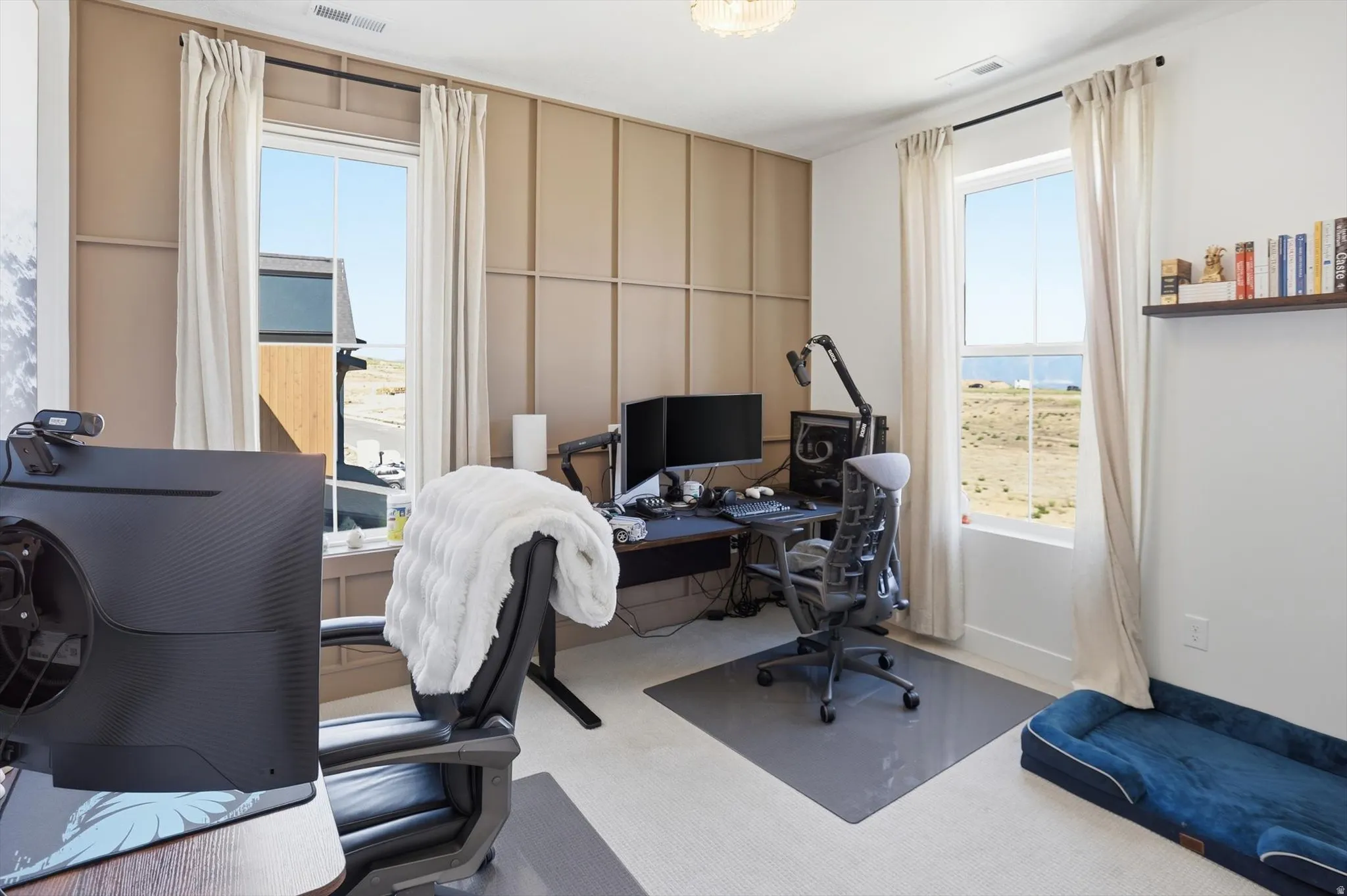 Versatile interior space featuring two large windows, a decorative accent wall with vertical and horizontal paneling, and a contemporary ceiling light fixture