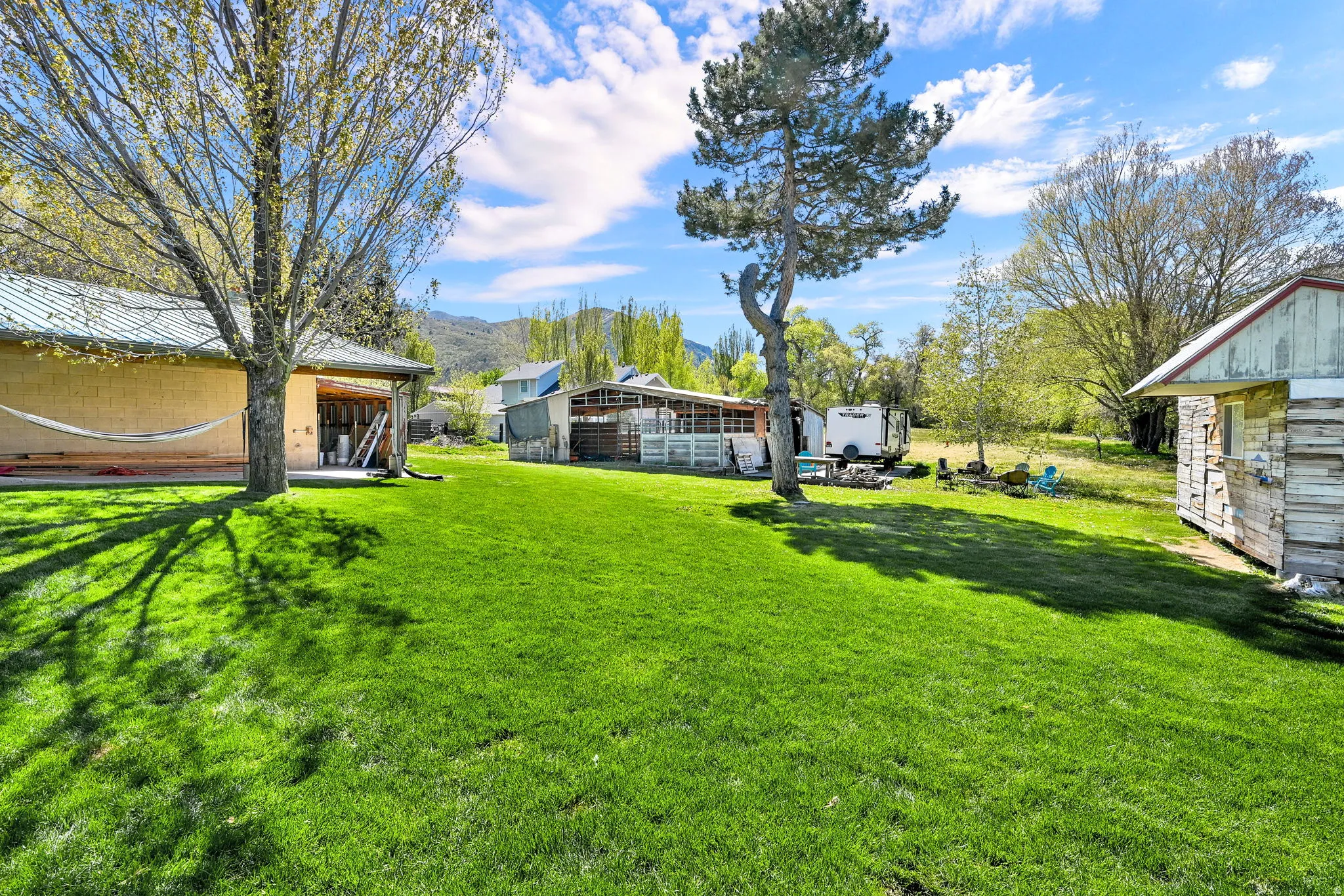 Expansive green lawn with mature trees providing natural shading