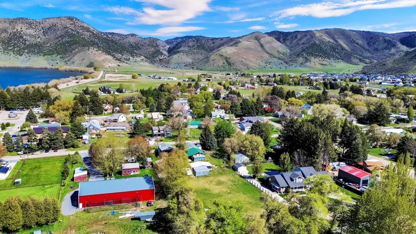 Aerial perspective showcasing a residential area with varied home styles and mature trees