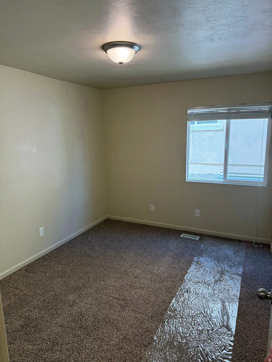 Carpeted room featuring a ceiling-mounted light fixture and a window with blinds