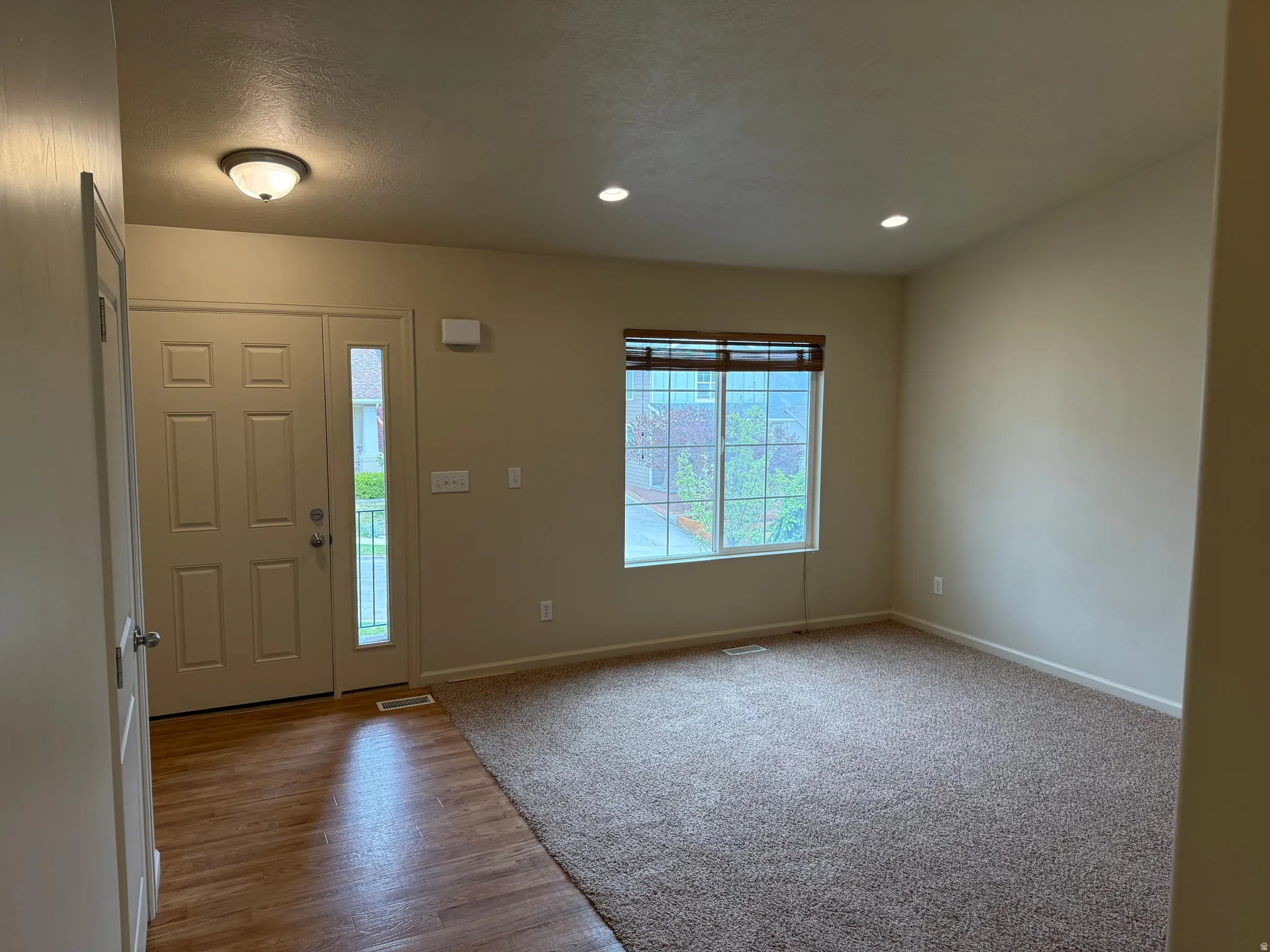 Entryway featuring a four-panel door with sidelight, wood-finish flooring, and recessed lighting