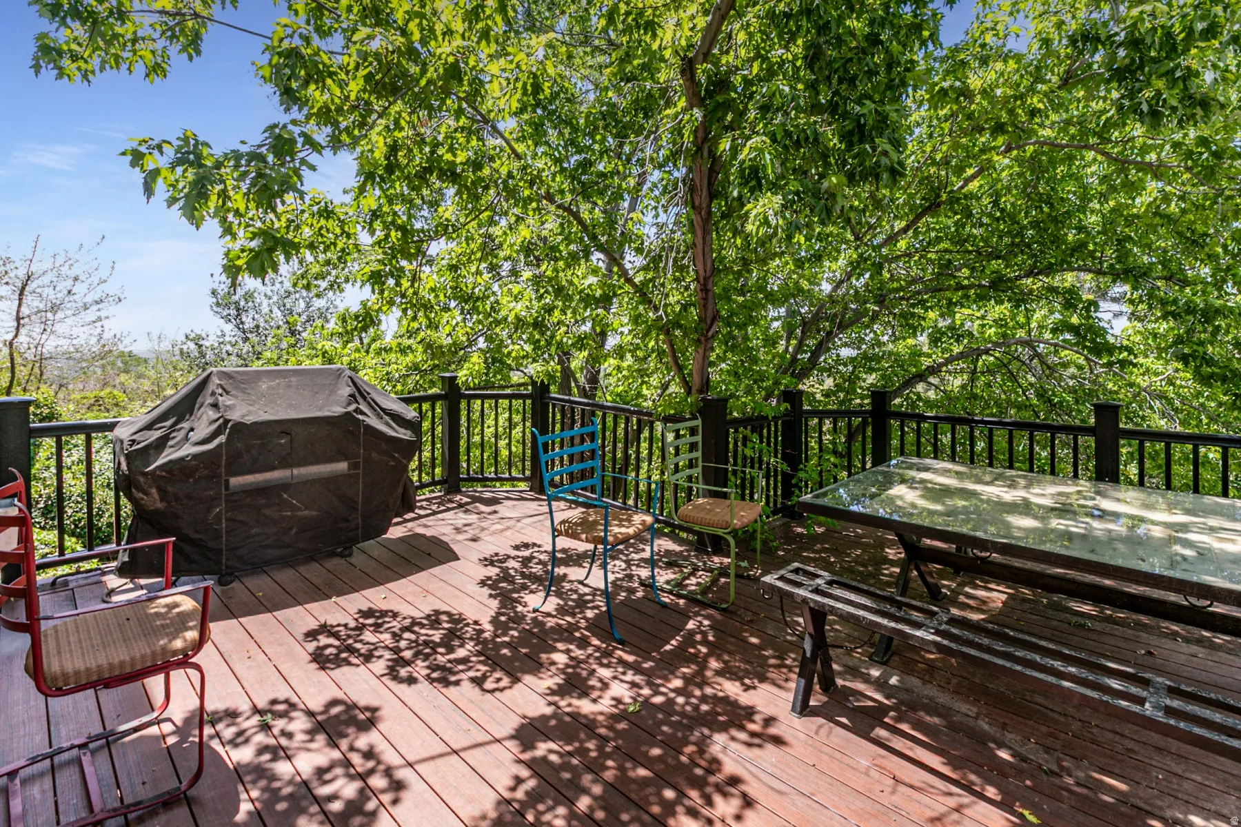 Expansive wood deck with dark railings