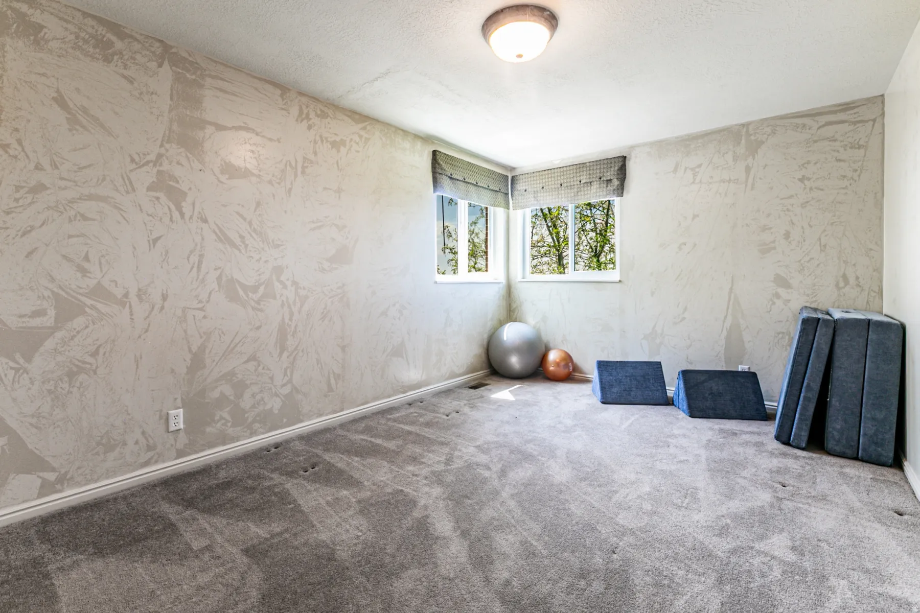 Room with patterned wall finish, two windows with blinds, and light gray carpeting