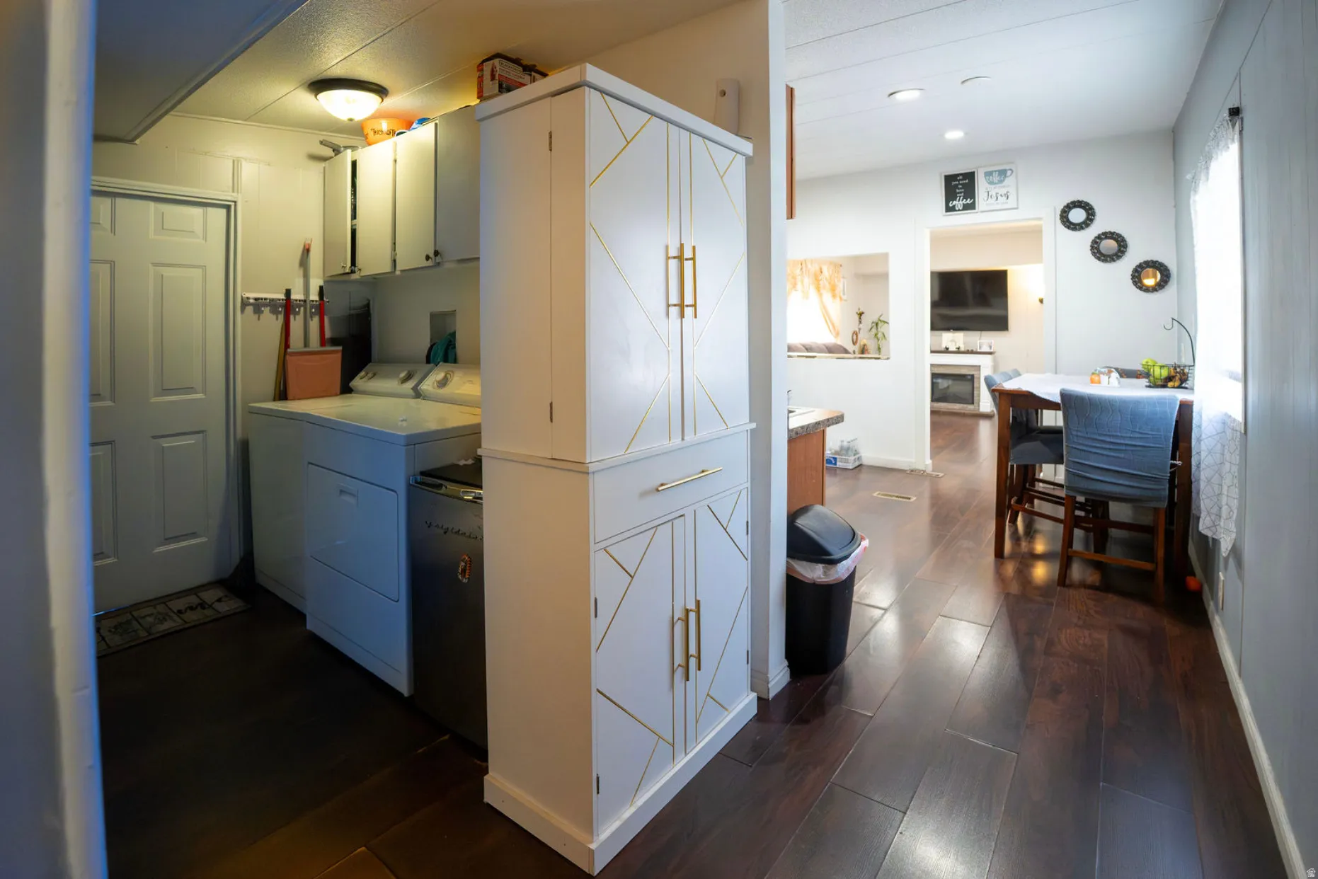 Hardwood-finish flooring extending through living spaces