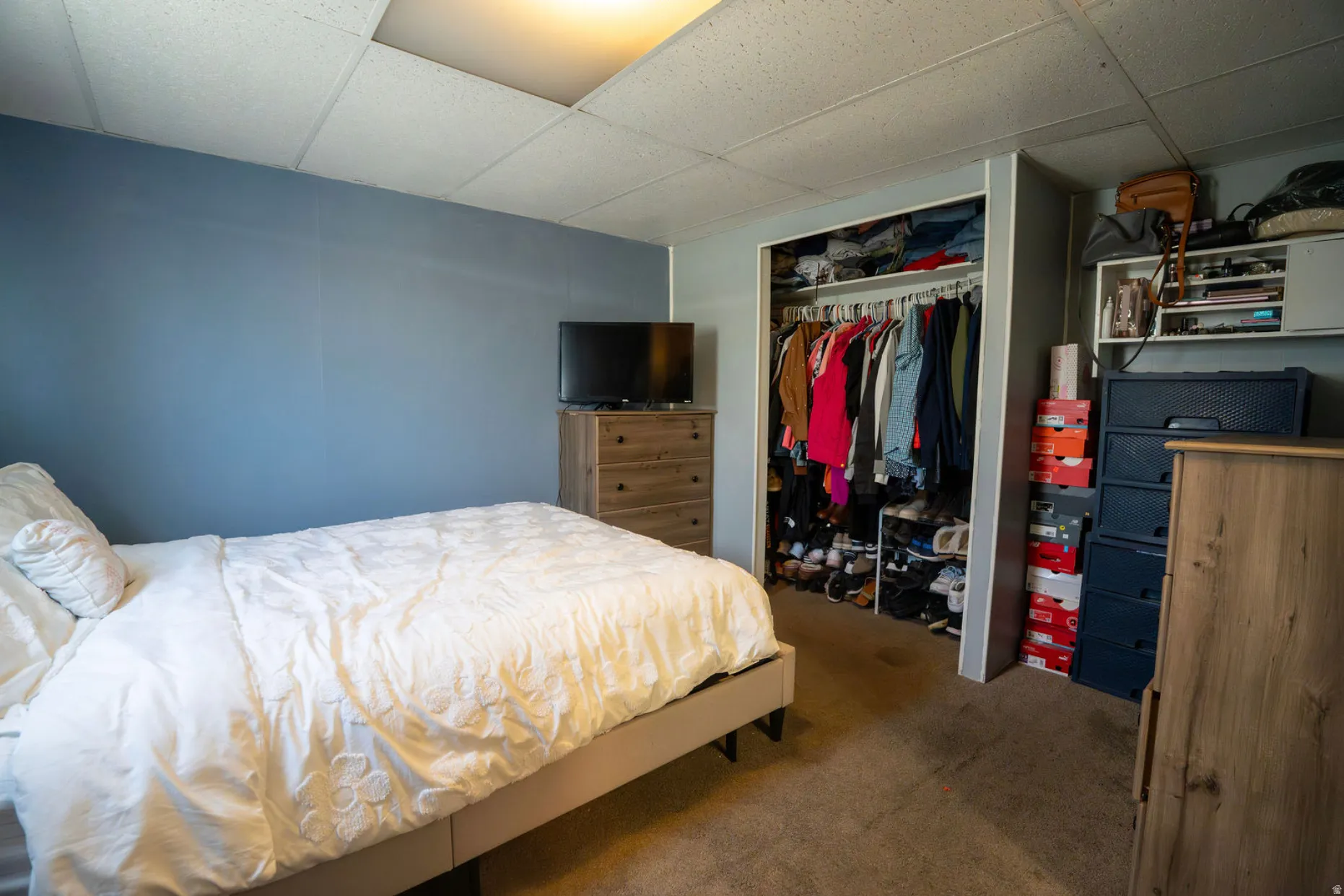 Bedroom with blue accent wall, recessed ceiling panels, and neutral-toned carpeting