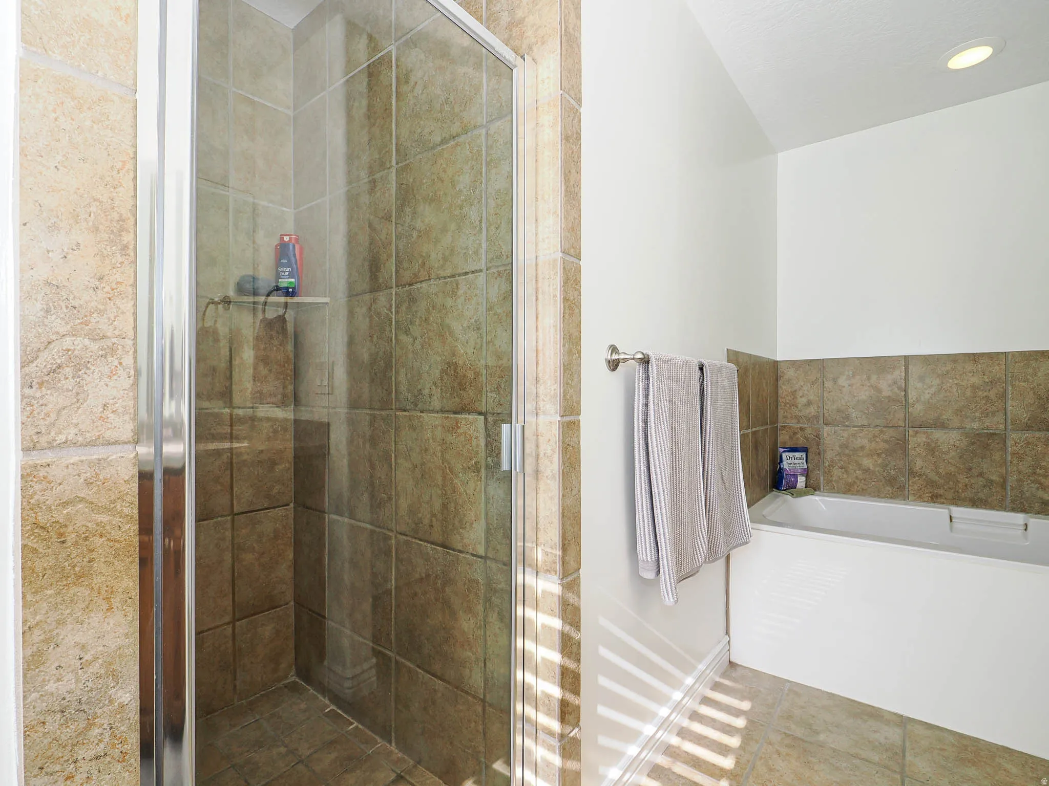 Glass-enclosehttps://utahrealestate.com/lip/photo/listno/2158385#d shower with tile surround and integrated shelf, accompanied by a built-in tub with tile wainscoting
