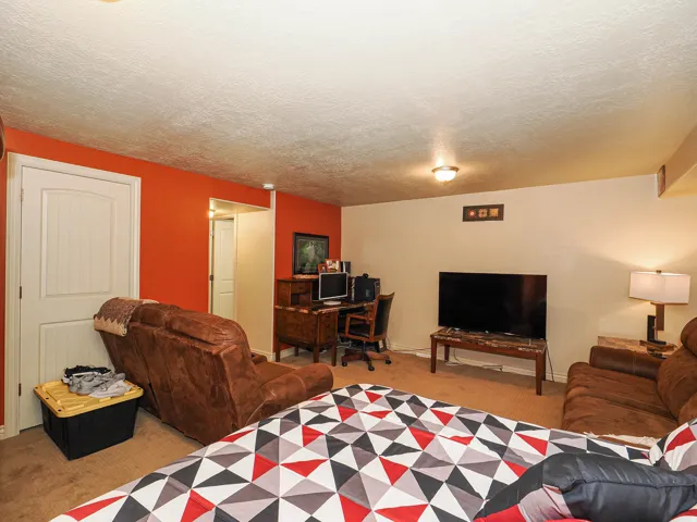 Carpeted interior space featuring a white paneled door, flush-mount lighting, and an accent wall