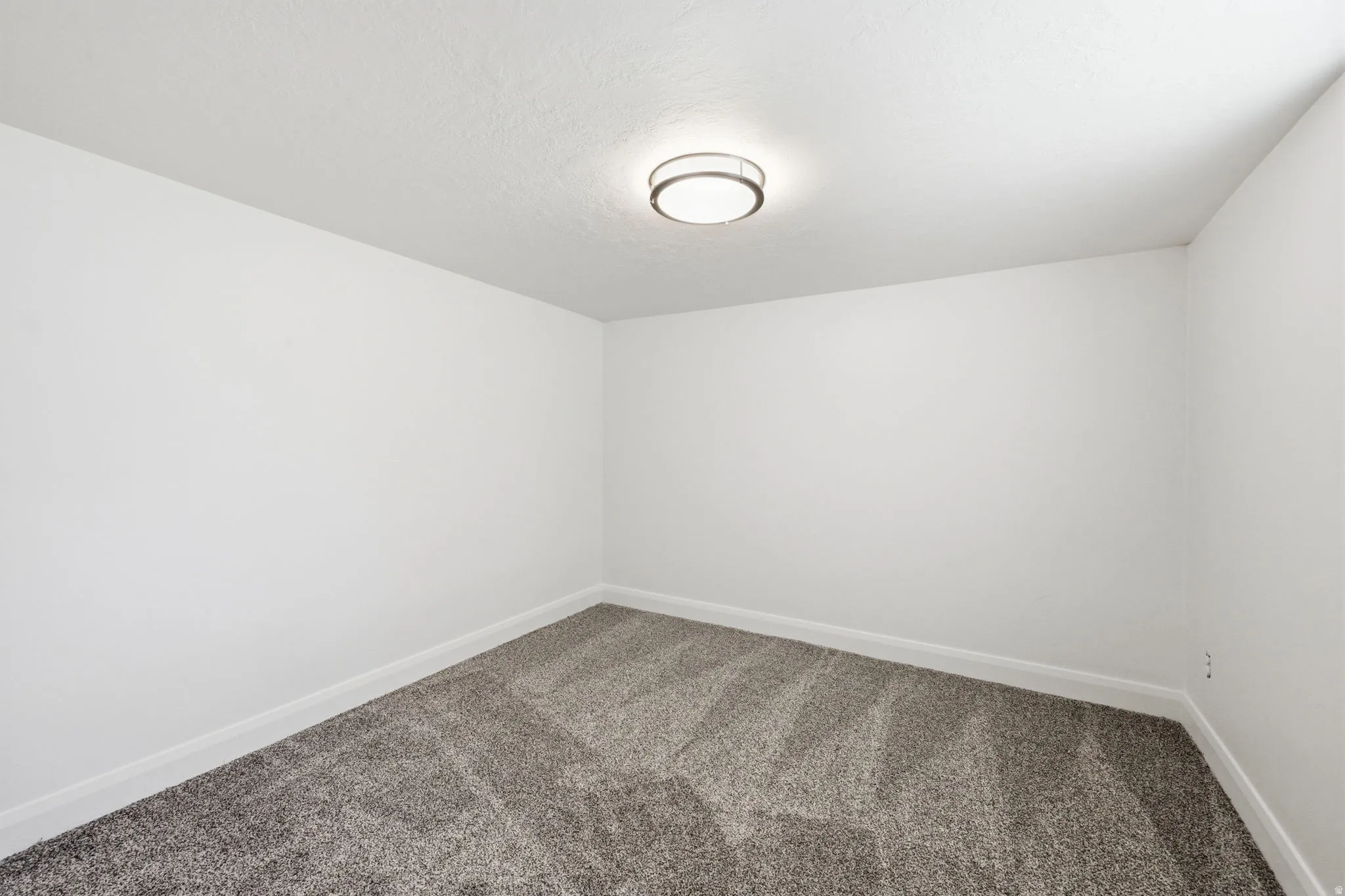 Compact room featuring neutral gray carpeting and white walls