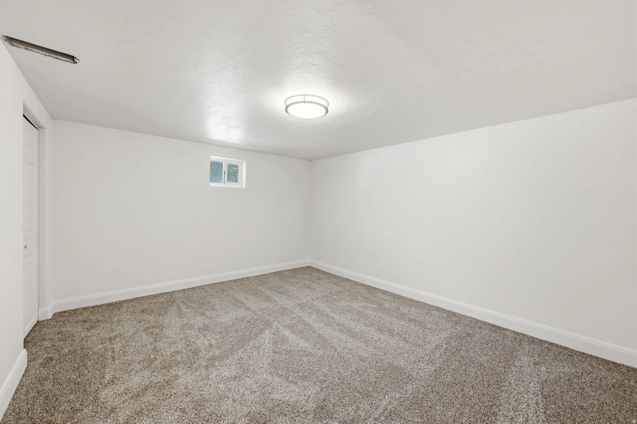 Spacious room featuring new carpeting, a fresh white paint scheme, a flush-mount ceiling light fixture, a window providing natural illumination, and a white interior door