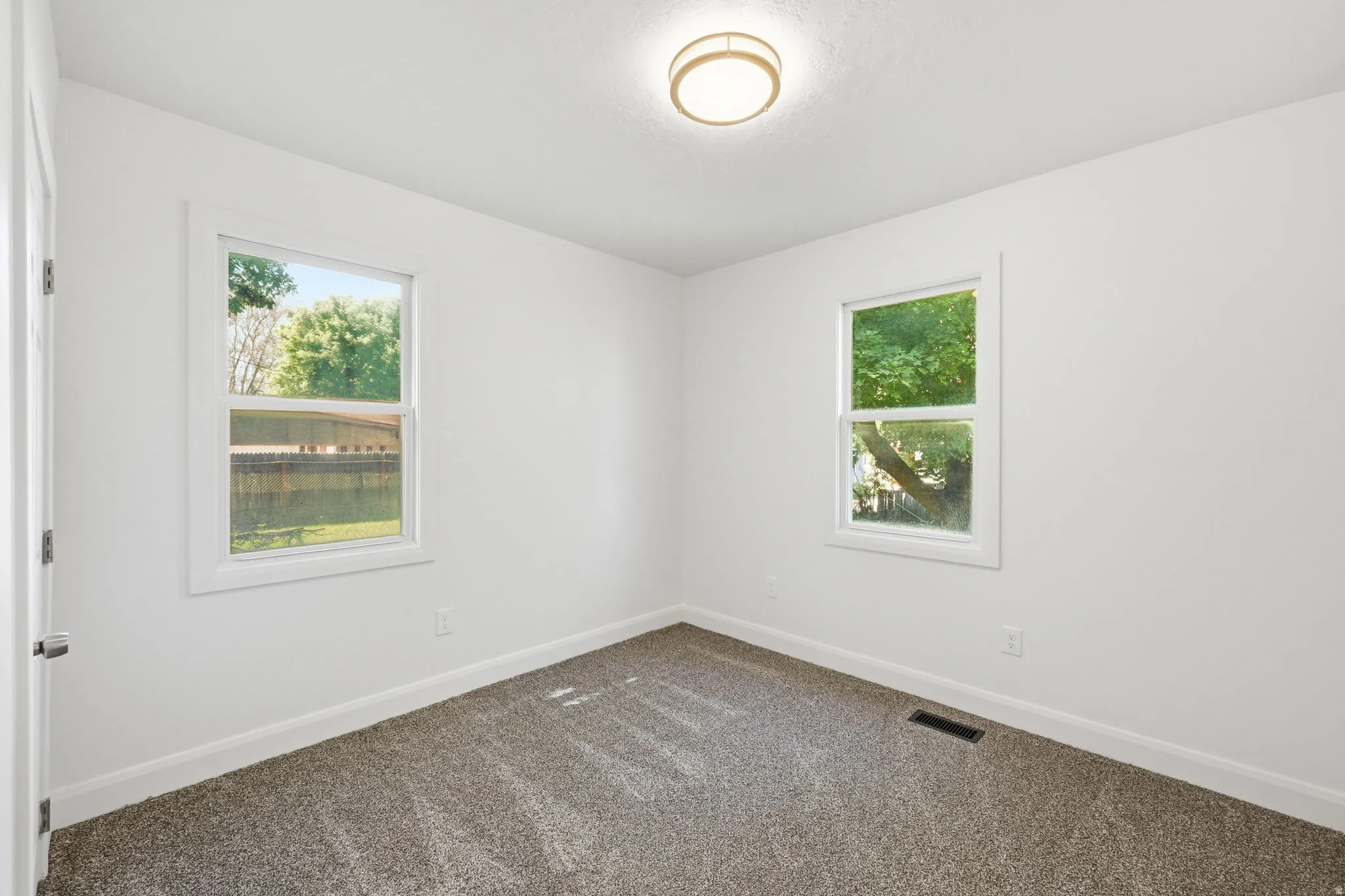 Bright interior space featuring two windows with white trim, a flush-mount ceiling light, and neutral-toned carpeting