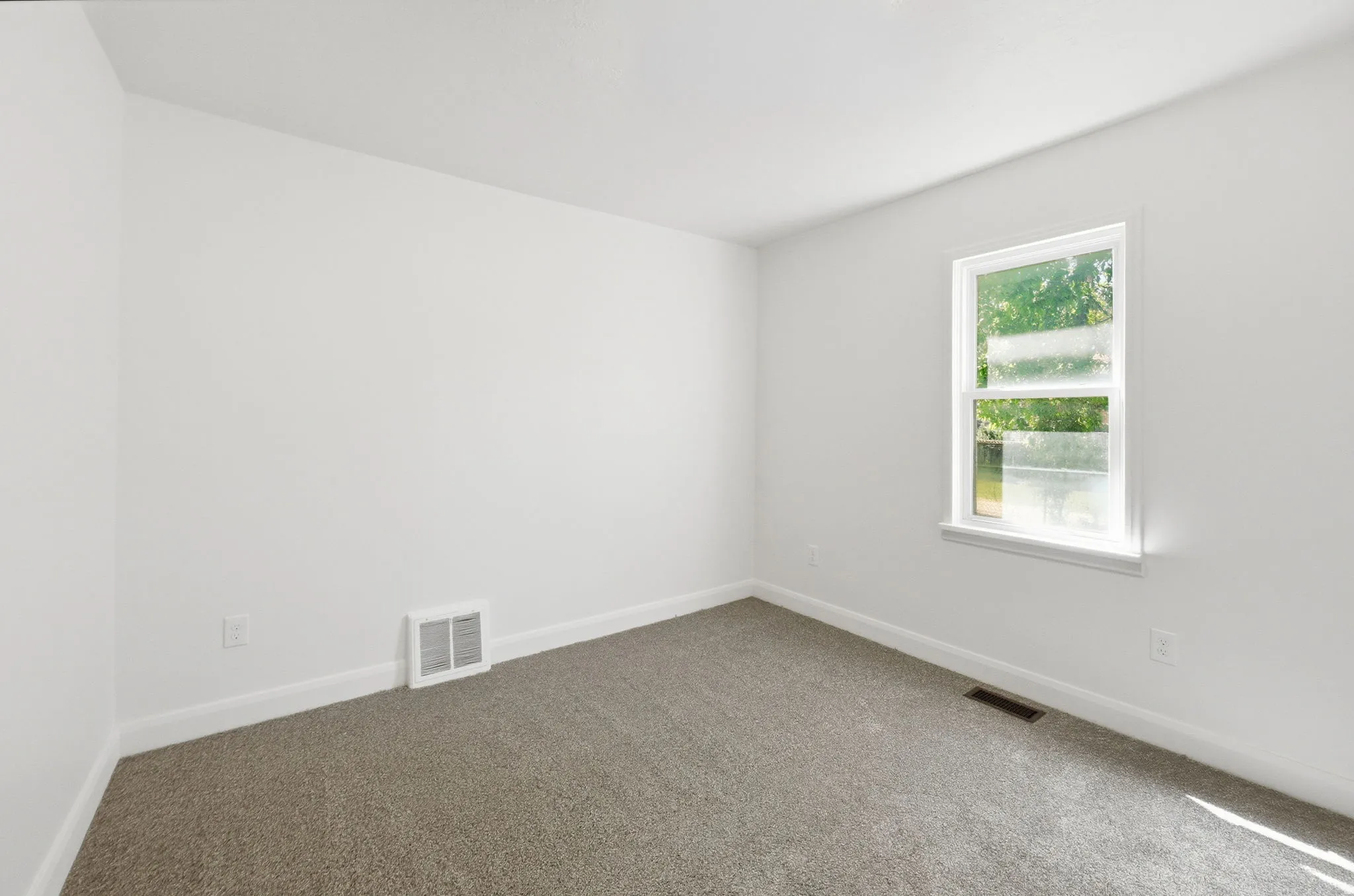 Bright room featuring a double-hung window, white walls, gray carpet flooring, and white baseboards