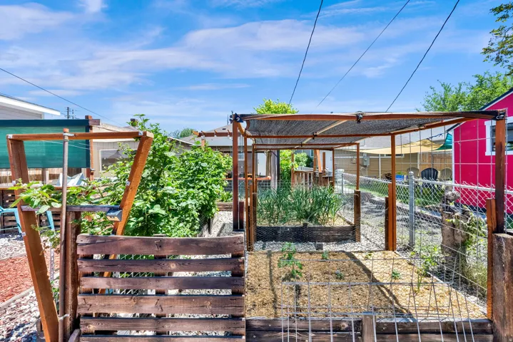 Backyard garden area featuring multiple raised beds with established plantings, wood-frame trellises, and a partial shade structure