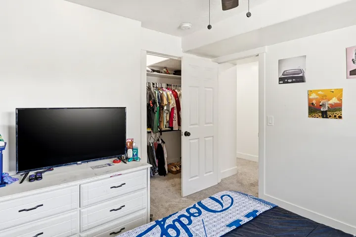 Interior space featuring light gray carpet, white walls, and a built-in closet with shelving and hanging rods
