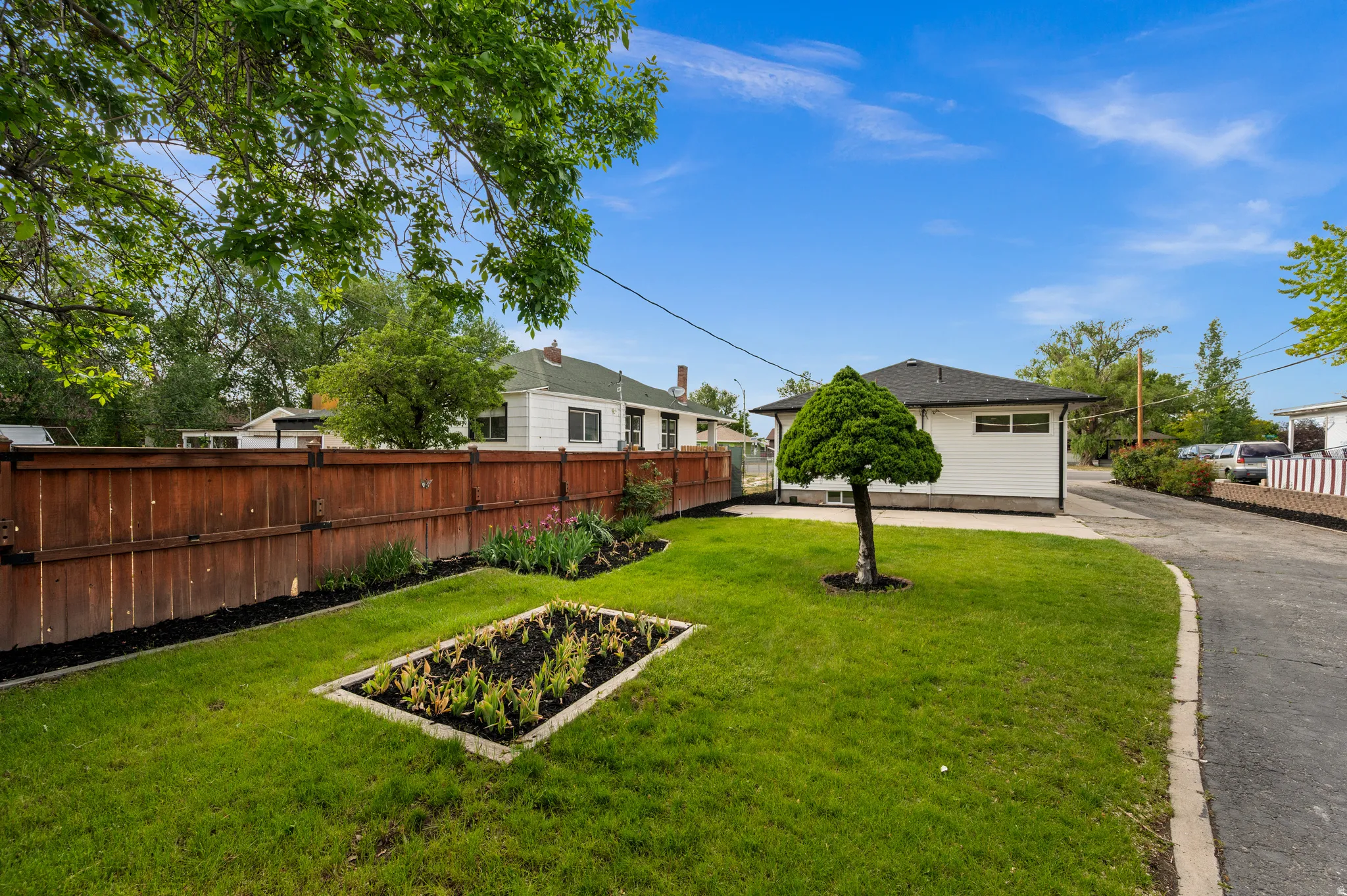 Expansive side yard featuring a manicured lawn, a raised garden bed, and a decorative topiary tree