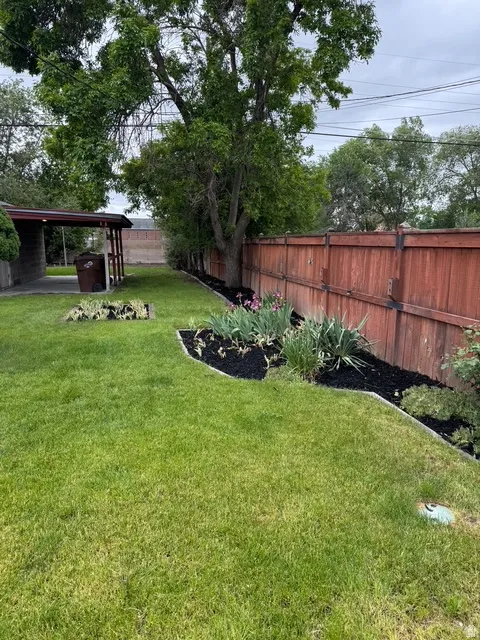Expansive green lawn with established landscaping beds, a mature shade tree, and a wood privacy fence
