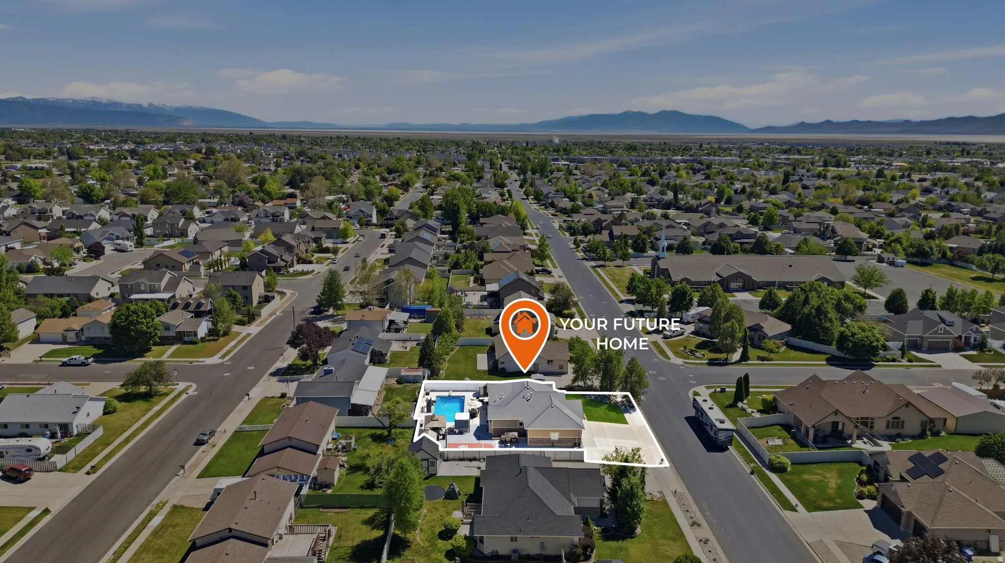 Expansive suburban property featuring a private swimming pool, mature landscaping, and a multi-car driveway