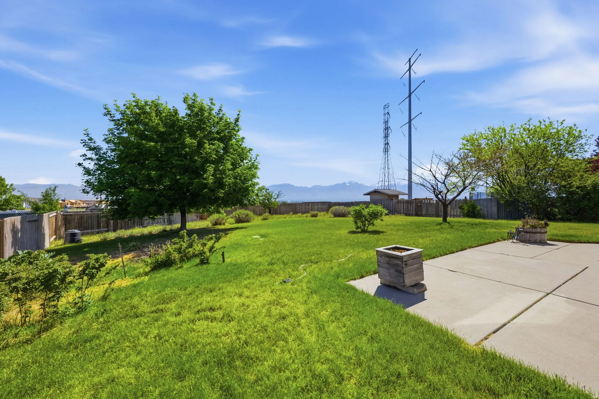 Expansive lawn area with mature trees and a concrete patio