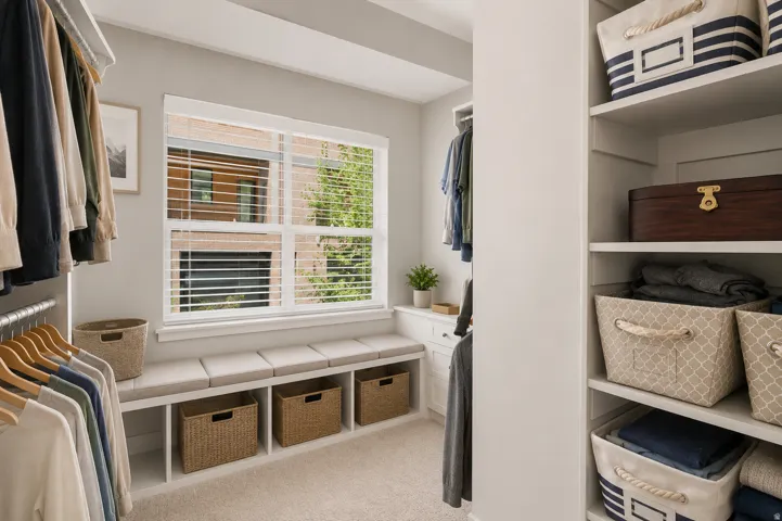 Custom closet system featuring built-in shelving, hanging rods, and a window seat with integrated storage cubbies