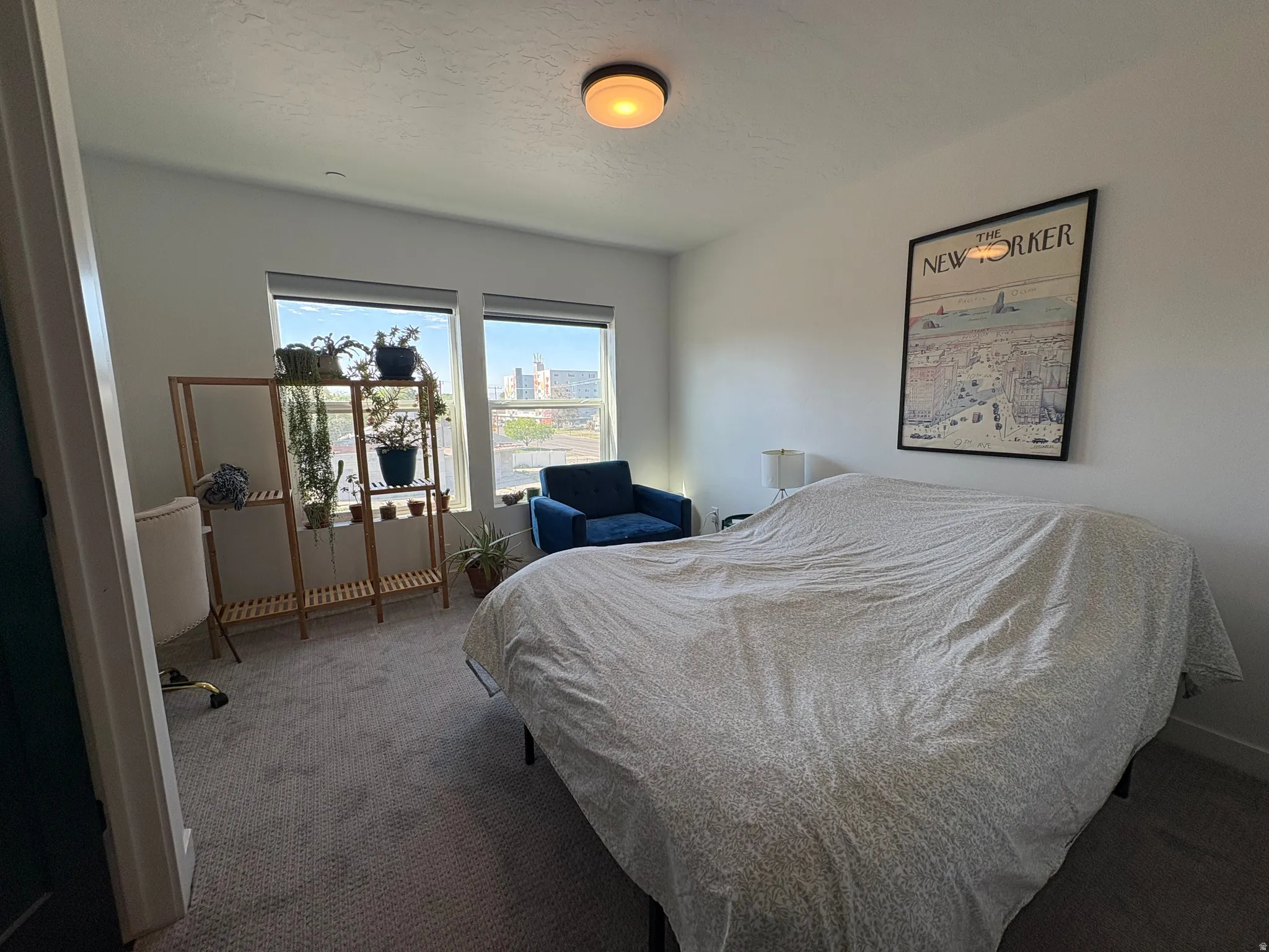 Carpeted room with white walls, two large windows, and a flush-mount ceiling light fixture