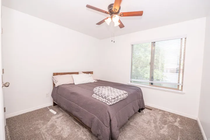 Carpeted room featuring a ceiling fan with integrated lighting, a window with blinds, and white baseboards