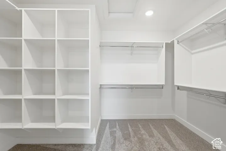Walk-in closet featuring built-in shelving, chrome hanging rods, recessed ceiling lighting, and gray carpeting