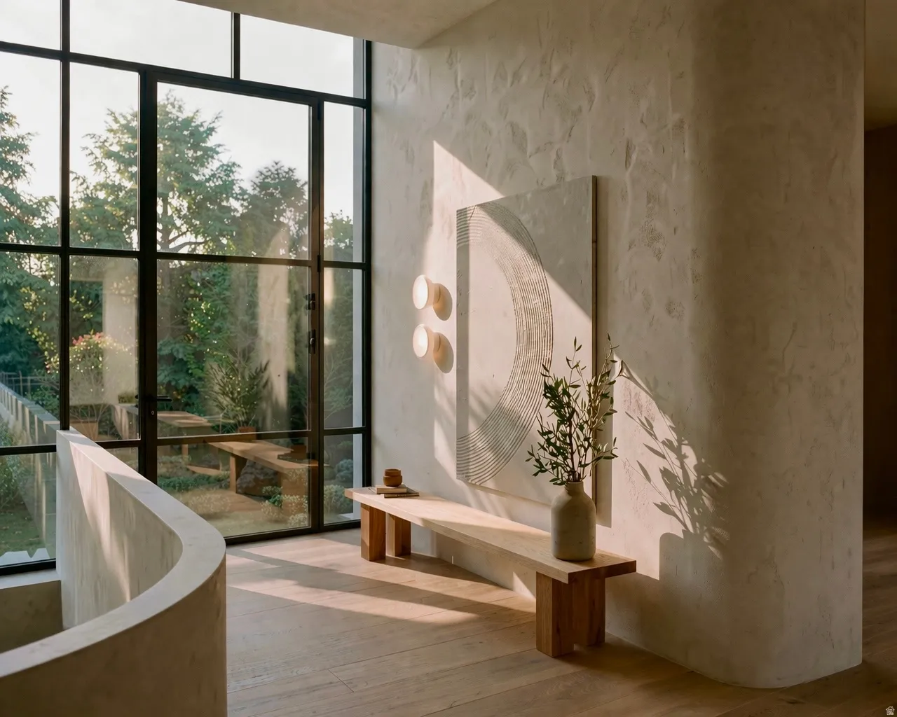 Two-story window wall with dark framing, curved plaster walls, and light wood-finish flooring