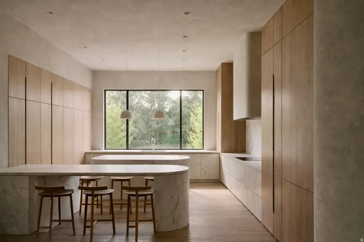 Kitchen featuring light wood-finish cabinetry, curved stone islands, integrated appliances, and a large picture window
