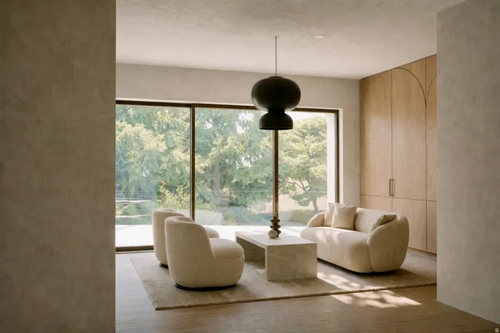 Contemporary living area featuring expansive floor-to-ceiling windows, natural wood-finish built-in cabinetry with unique detailing, and durable flooring
