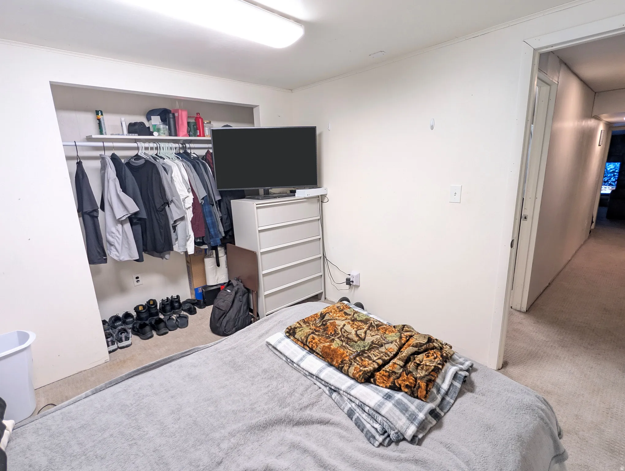 Carpeted bedroom with a closet