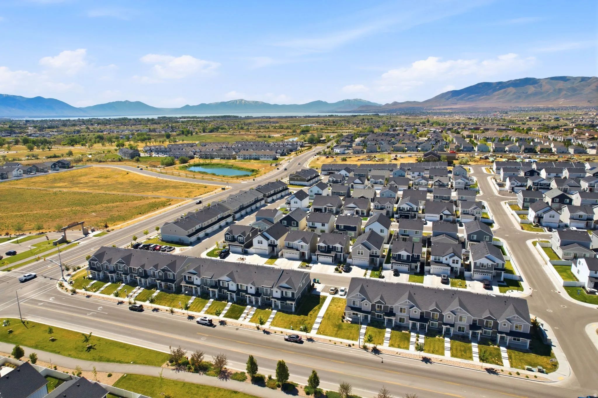 Aerial perspective showcasing a structured residential community with varied architectural styles