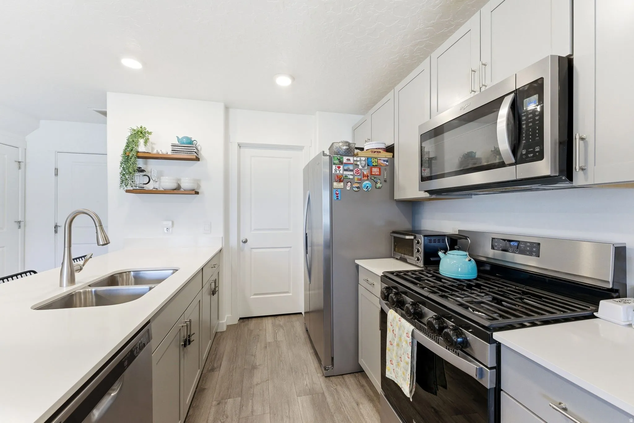 Contemporary kitchen featuring a dual basin sink, stainless steel appliances, light gray cabinetry, recessed lighting, and wood-finish flooring