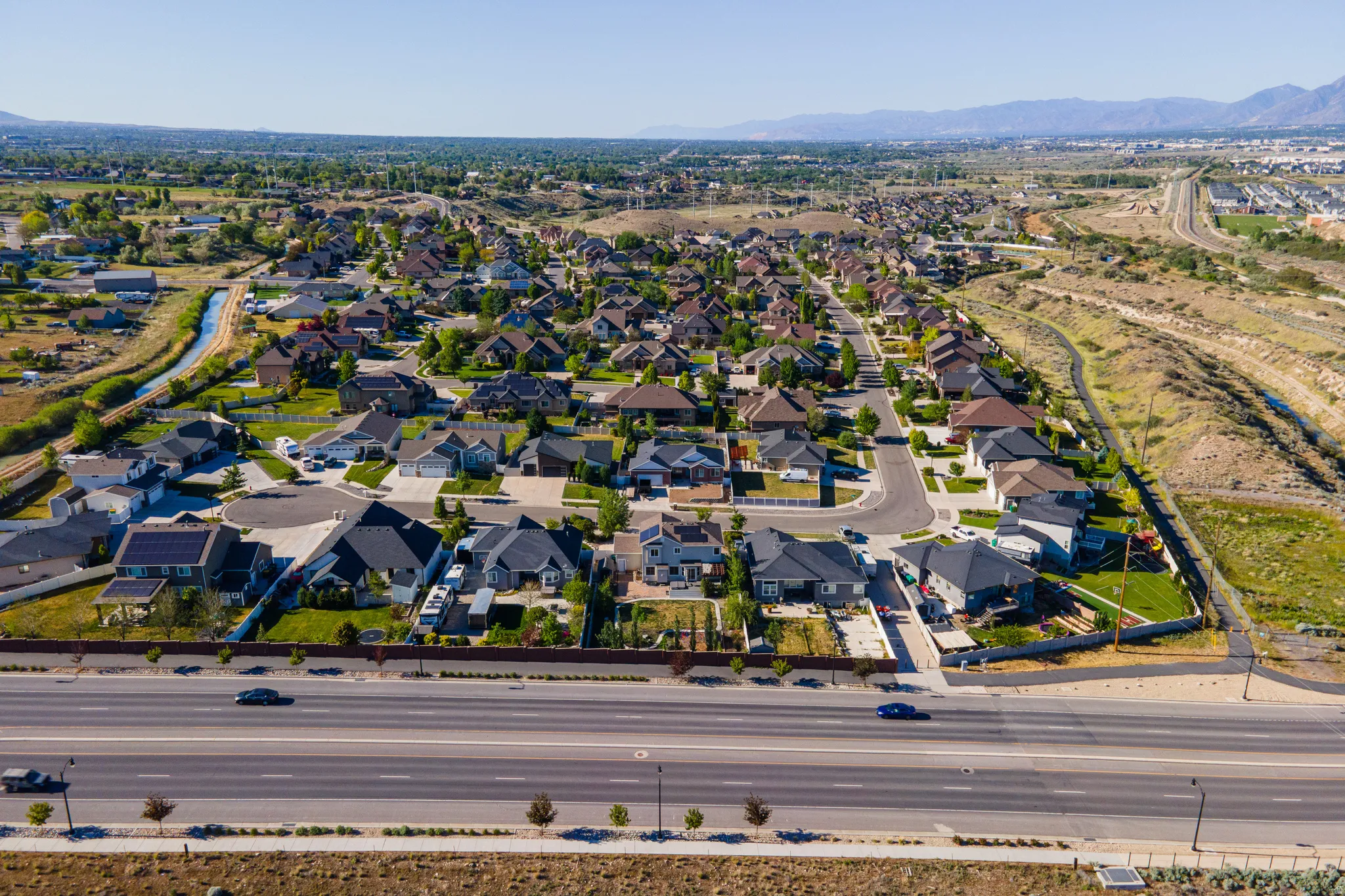 Aerial perspective showcasing a residential neighborhood with diverse architectural styles