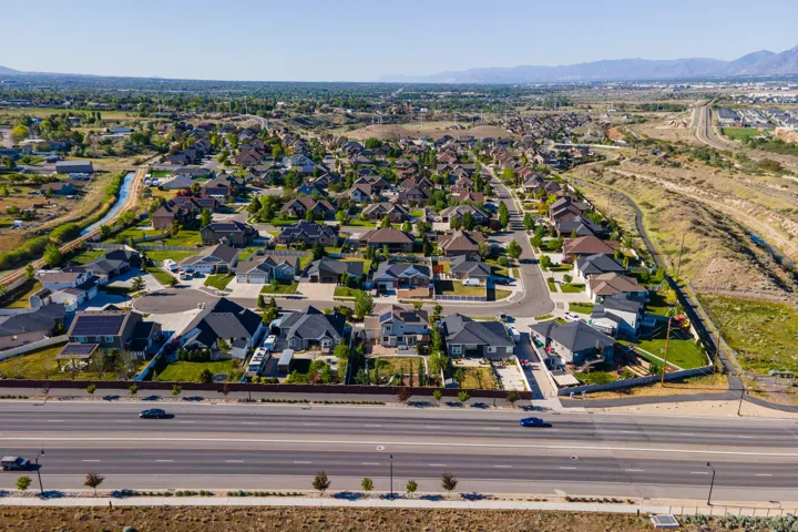 Aerial perspective showcasing a residential neighborhood with diverse architectural styles