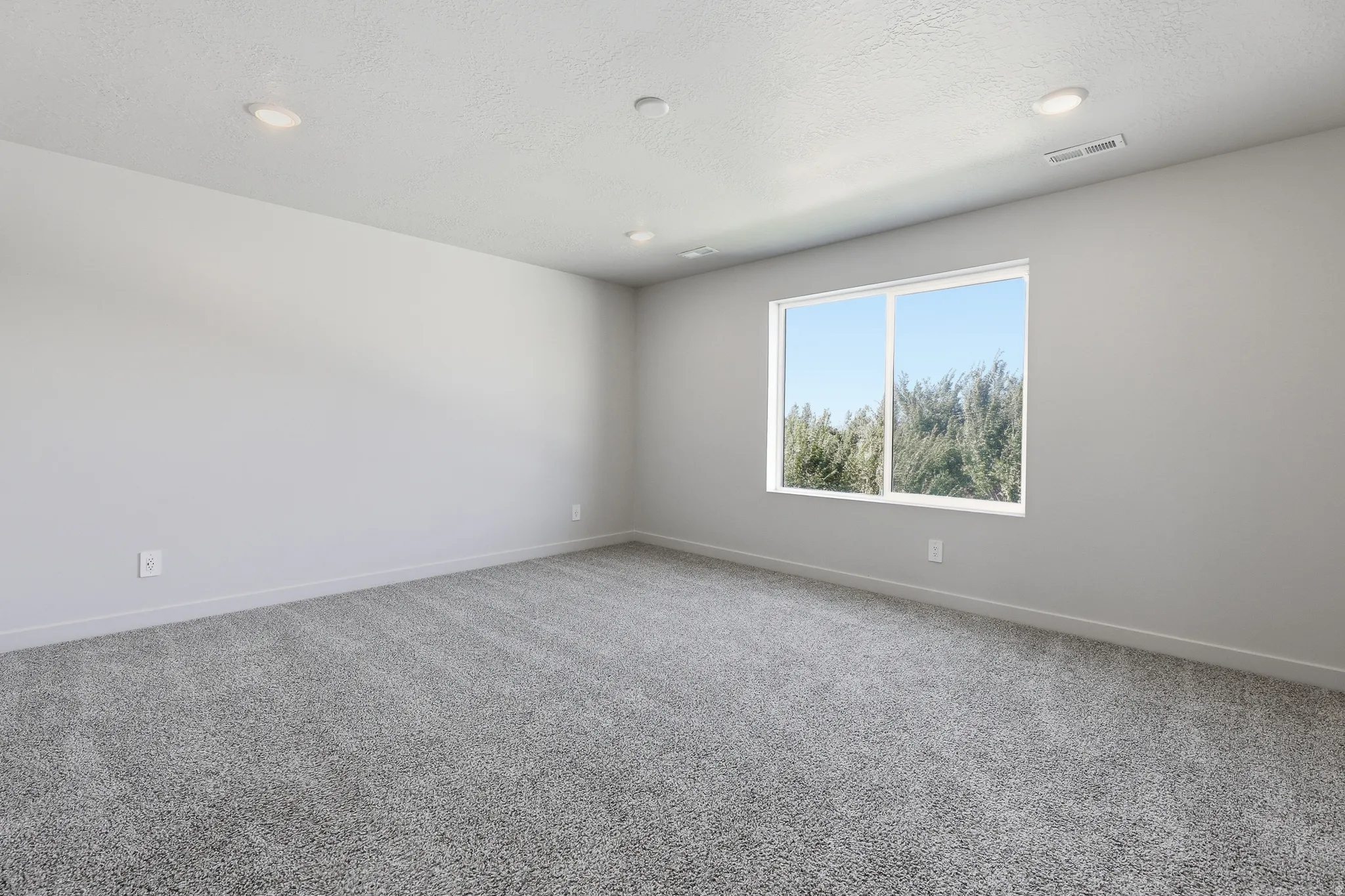 Recessed lighting, large window, light gray walls, gray carpeting