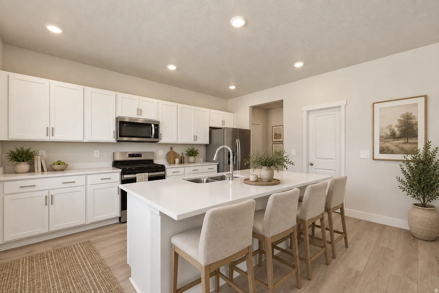 White shaker cabinetry with brushed nickel hardware, stainless steel appliances, a center island with countertop seating, recessed lighting, and wood-finish flooring