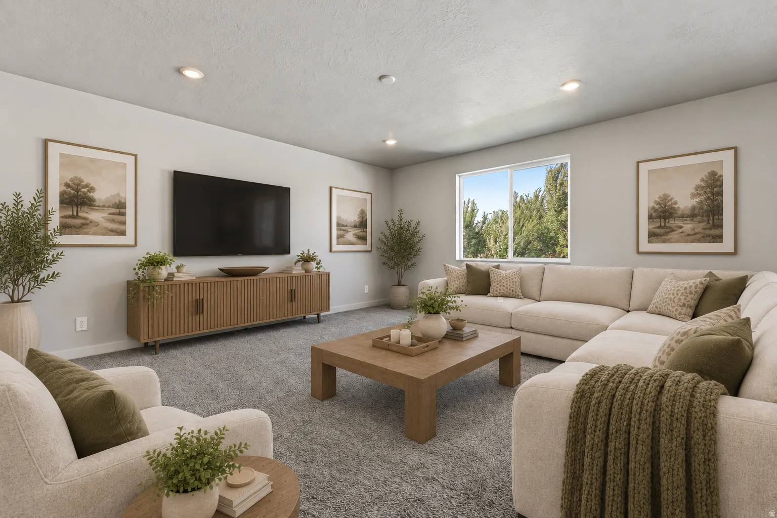 Recessed ceiling lighting, large picture window, light gray wall color, textured carpet, and a wood-finish media console
