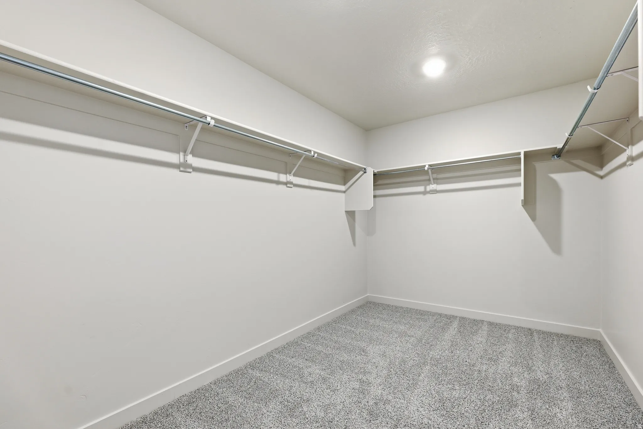 Recessed lighting, wall-mounted shelving, and metal hanging rods
