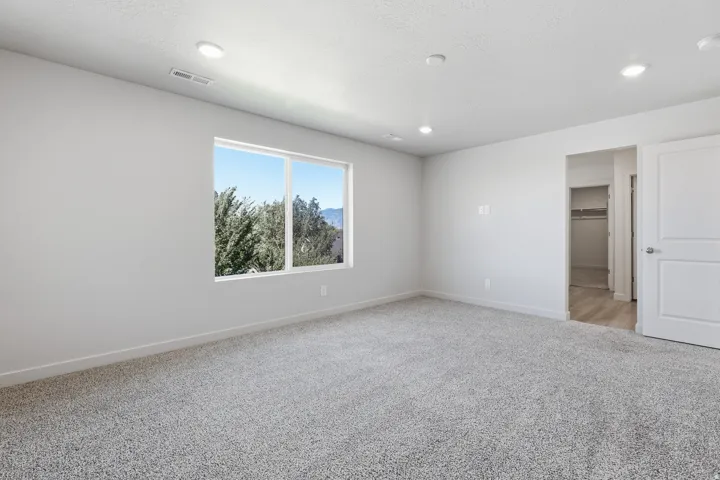 Recessed lighting, large window, neutral wall paint, carpet flooring, wood-finish flooring in closet