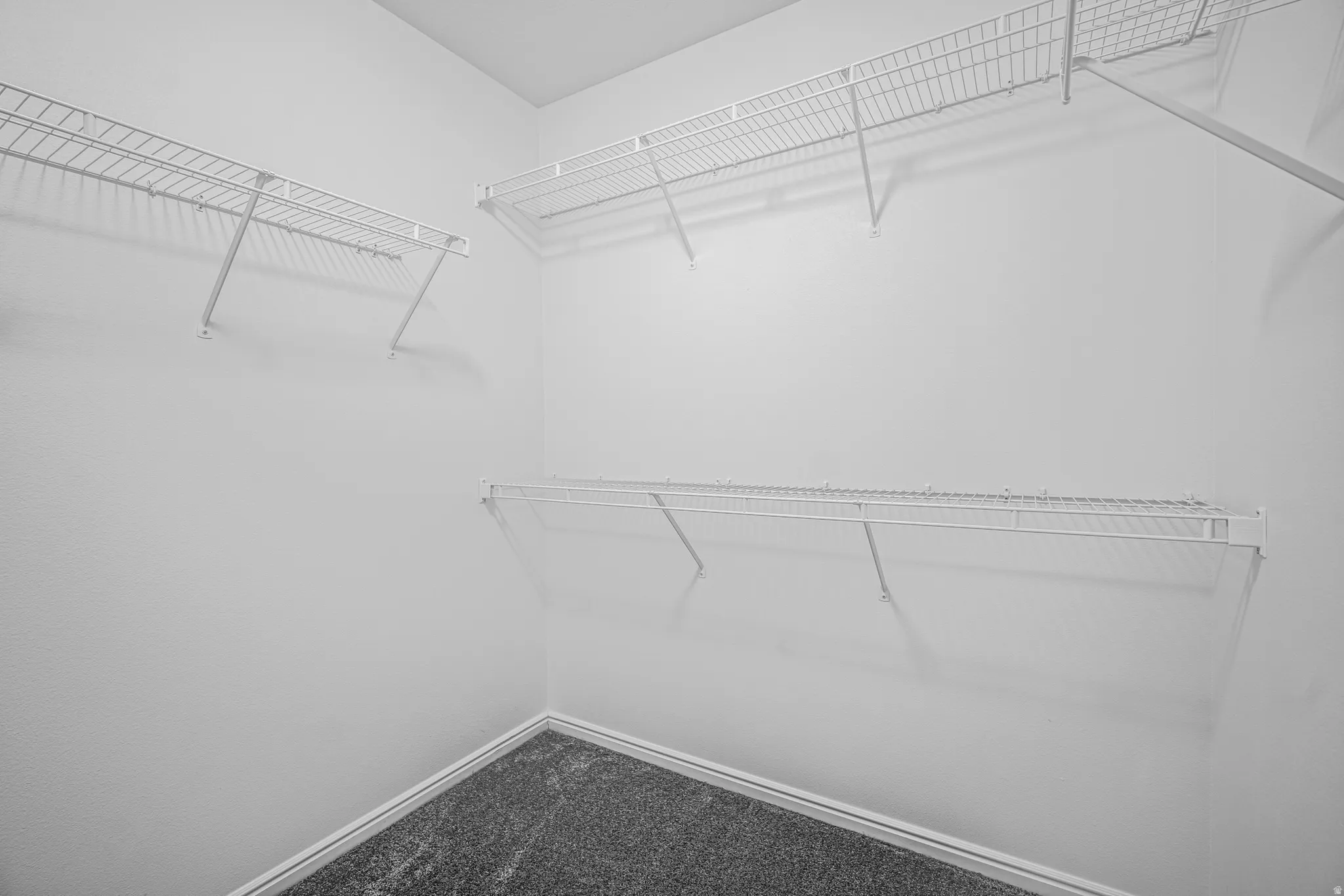Interior closet featuring white wire shelving, light-colored walls, dark carpeting