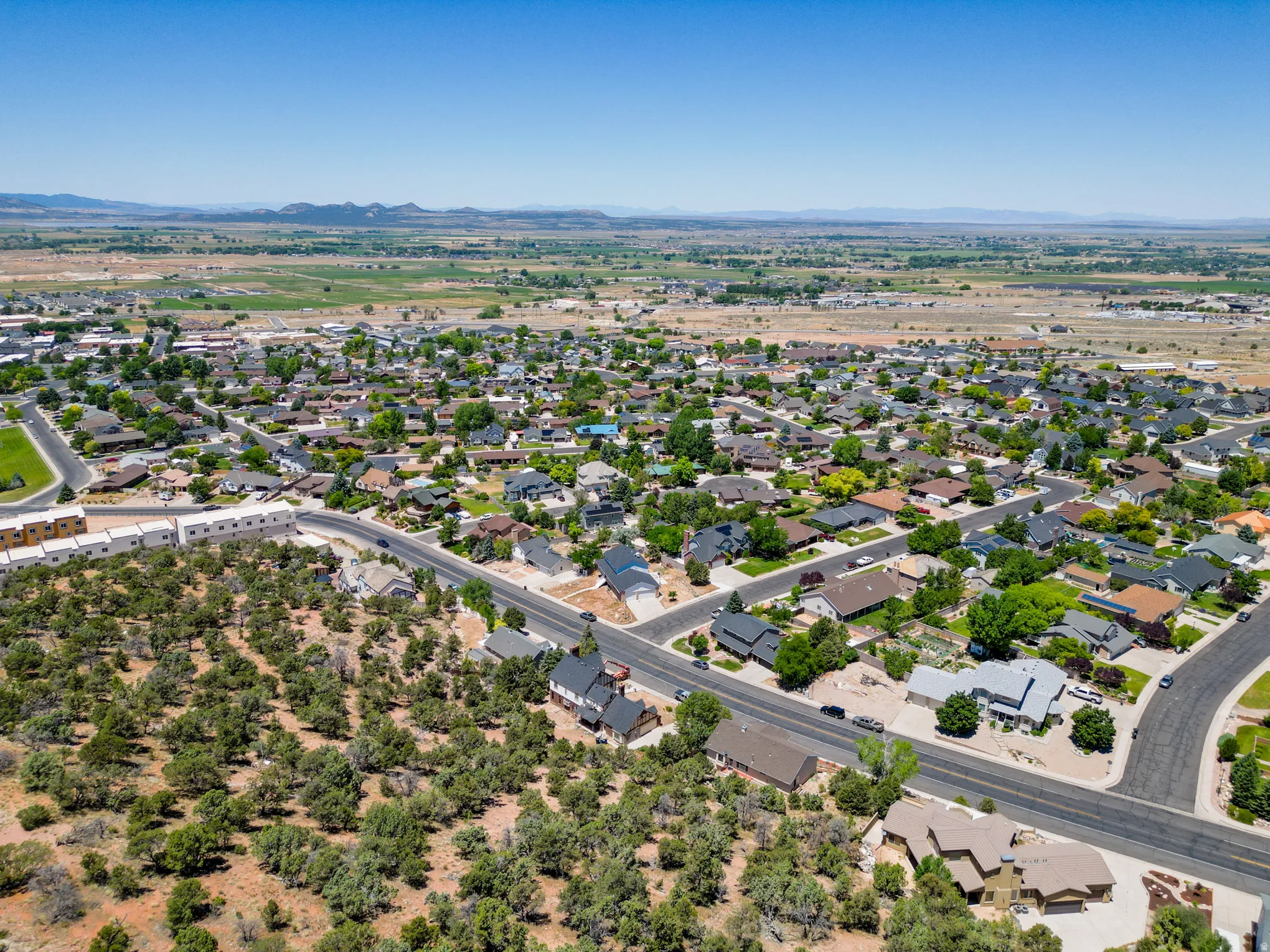 Aerial perspective showcasing a residential community with varied rooflines and established landscaping