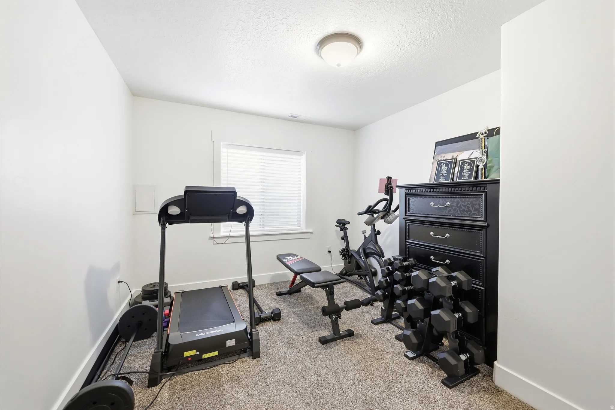 Room with light-colored walls and grey carpet flooring