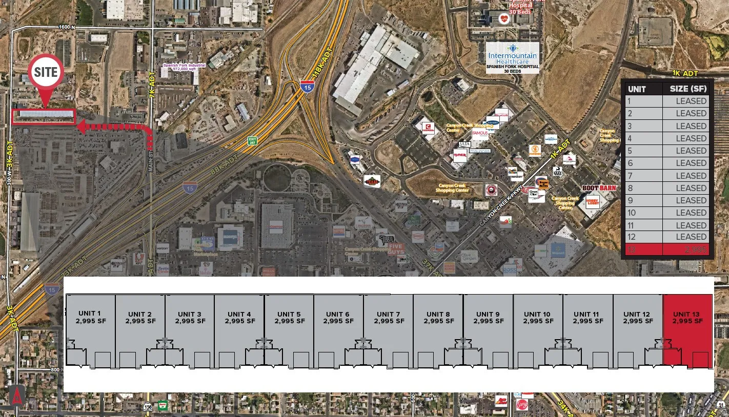 Property Site Plan and Unit Availability. Illustrating the site location, surrounding infrastructure, and unit leasing status for the property